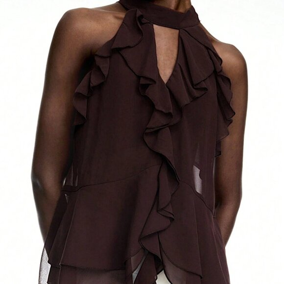 Coffee Brown Casual Women's Ruffle Chiffon Halter Top With Tie – Boho Style - Picture 5 of 7